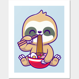 Cute Sloth Eating Ramen Bowl With Chopstick Cartoon Posters and Art